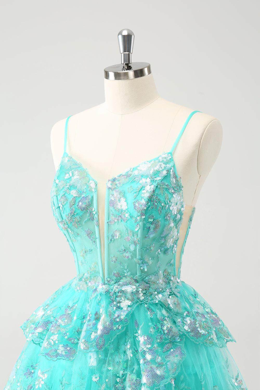 Cute Sparkly A-Line Green Spaghetti Straps Tiered Homecoming Dress with Sequins