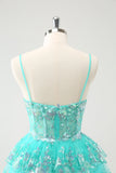 Cute Sparkly A-Line Green Spaghetti Straps Tiered Homecoming Dress with Sequins