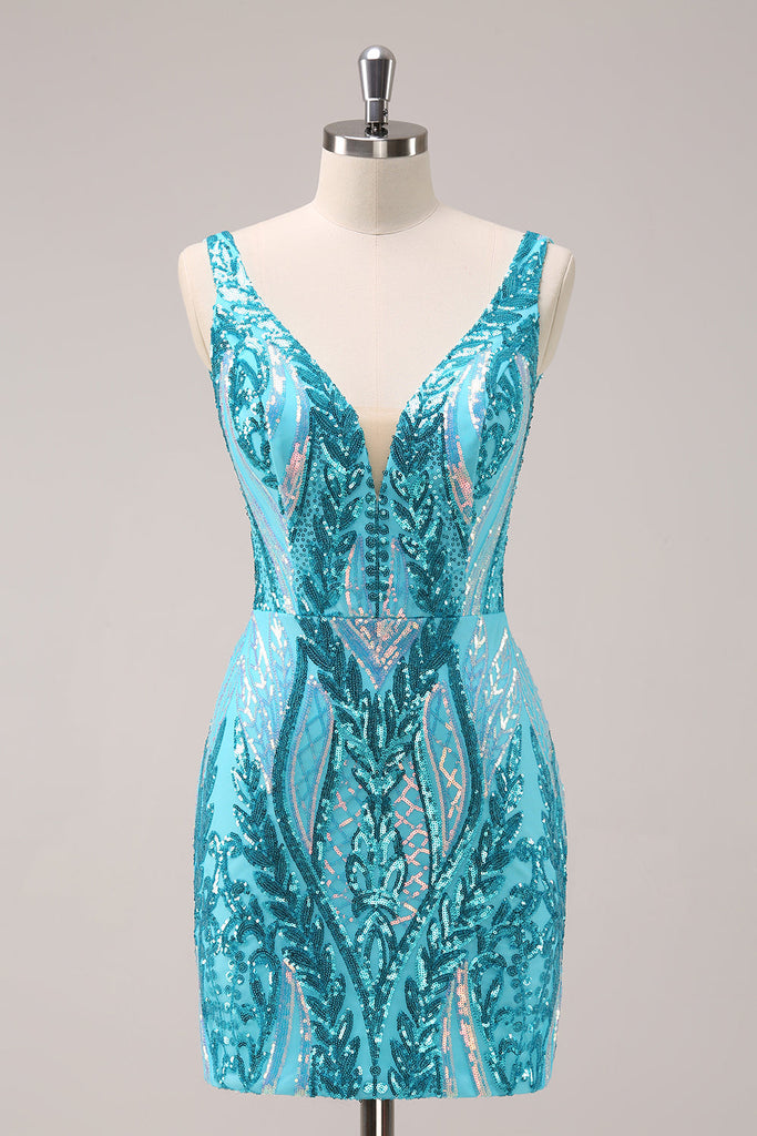Blue Sequins Tight Backless Short Homecoming Dress