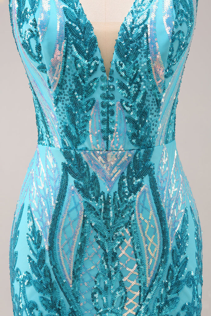 Sparkly Blue Sequins Beaded Flowers Tight Short Homecoming Dress
