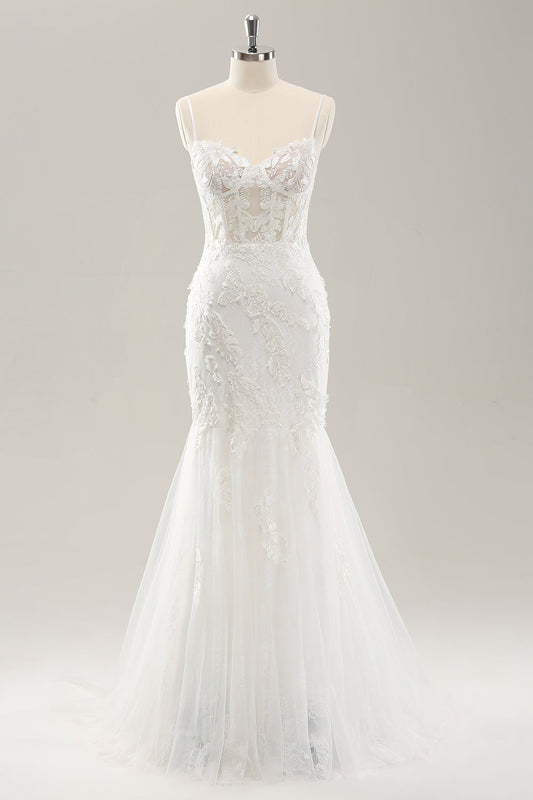 White Mermaid Spaghetti Straps Applique Lace Corset Wedding Dress with Lace-up Back