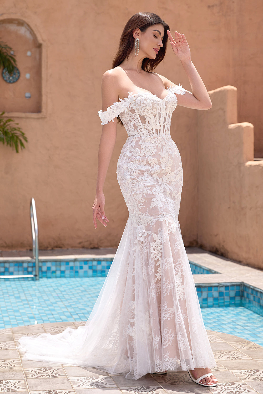 Zapakasa Women White Mermaid Corset Wedding Dress with Applique Lace Off the Shoulder Sweep Train Bridal Dress Zapakasa Women White Mermaid Corset Wedding Dress with Applique Lace Off the Shoulder Sweep Train Bridal Dress