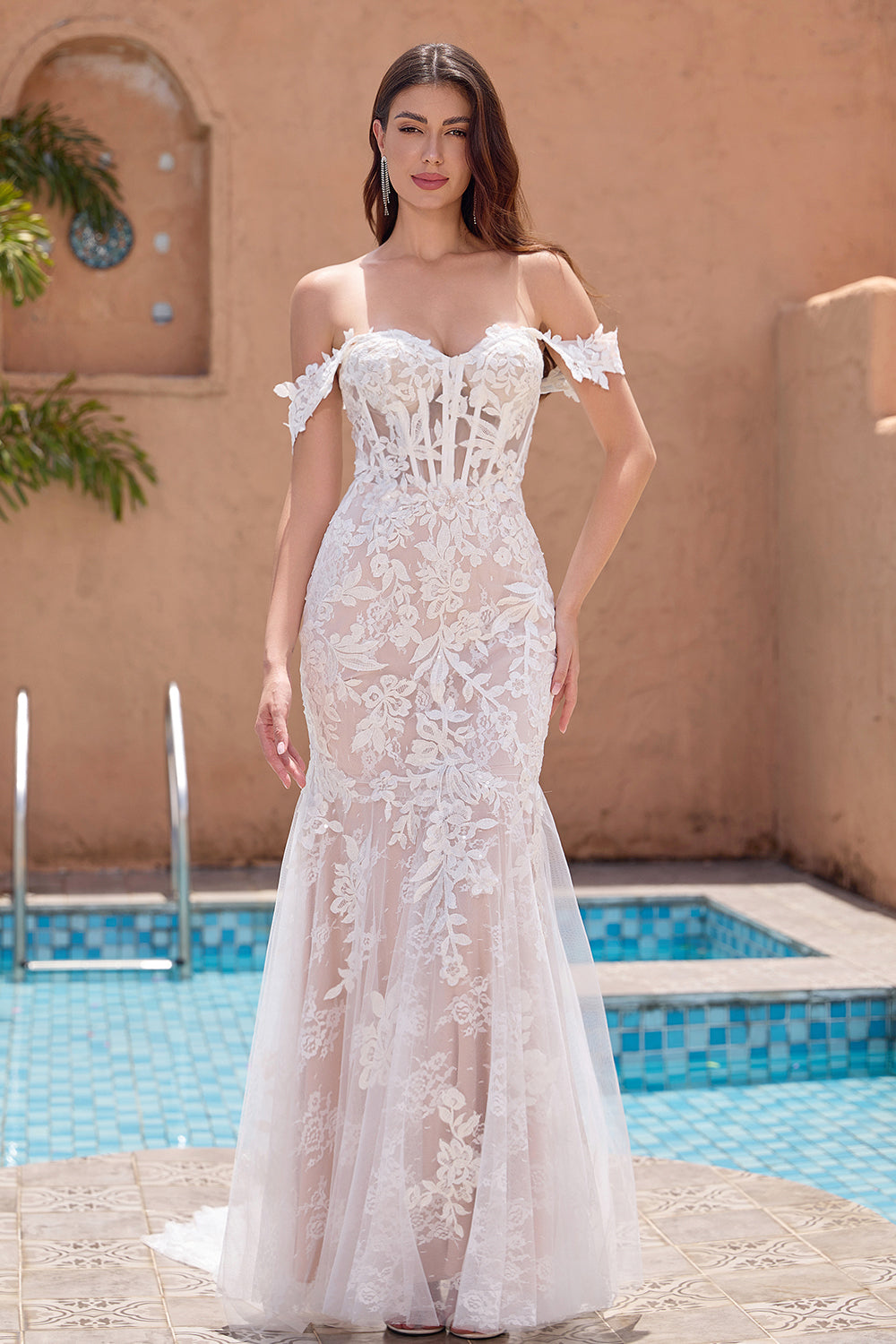 Zapakasa Women White Mermaid Corset Wedding Dress with Applique Lace Off the Shoulder Sweep Train Bridal Dress Zapakasa Women White Mermaid Corset Wedding Dress with Applique Lace Off the Shoulder Sweep Train Bridal Dress