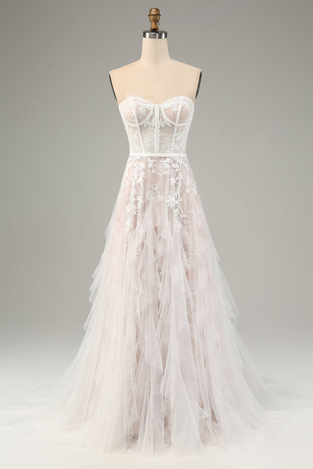 Zapakasa Women White Wedding Dress with Applique Lace A Line Strapless