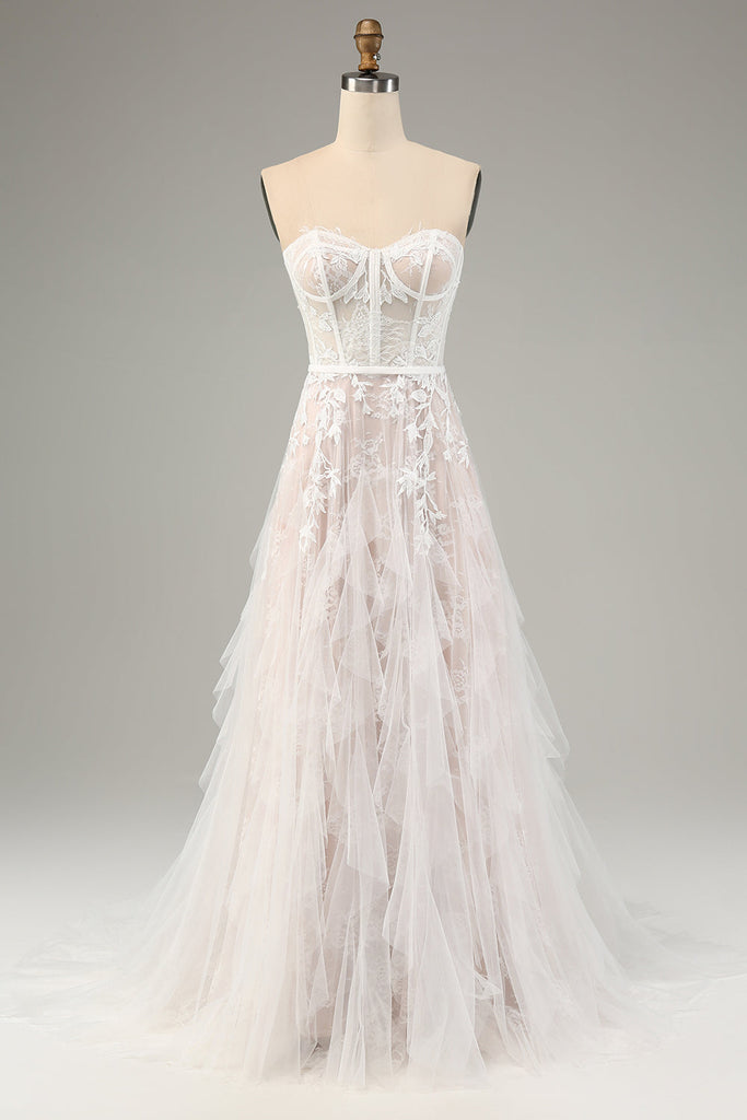 Zapakasa Women White Wedding Dress with Applique Lace A Line Strapless ...