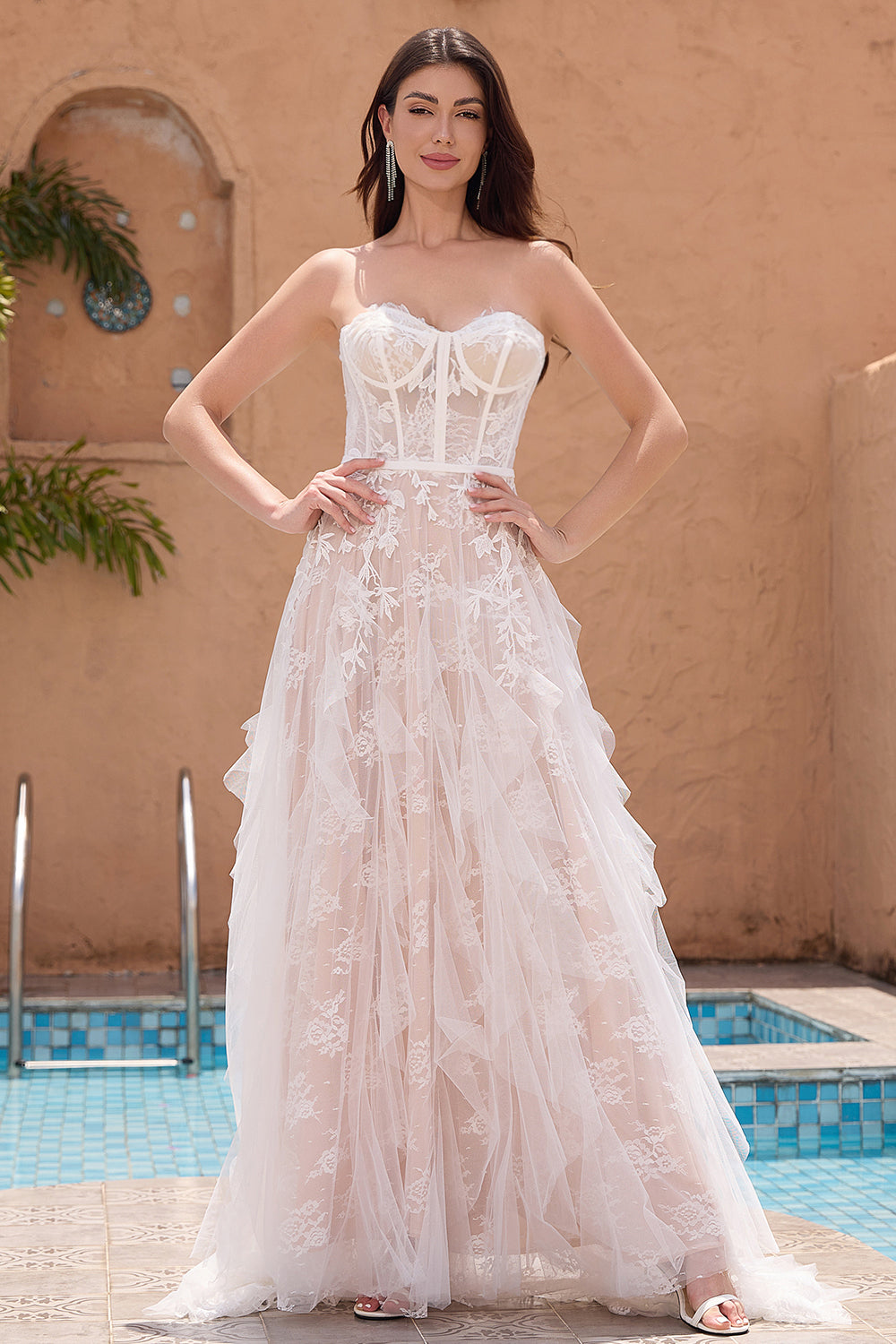 Zapakasa Women White Wedding Dress with Applique Lace A Line Strapless