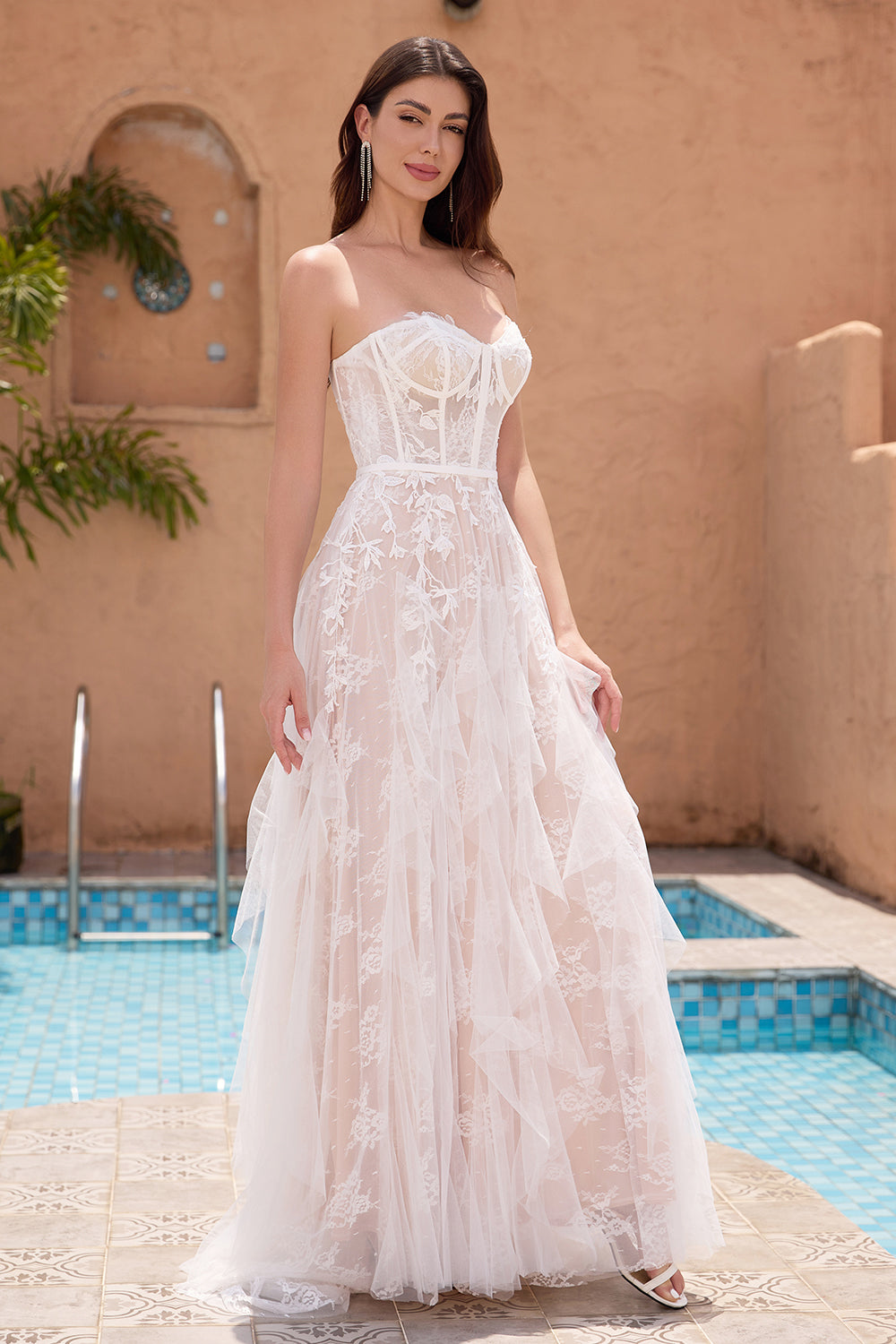 Zapakasa Women White Wedding Dress with Applique Lace A Line Strapless Sweep Train Corset Bridal Dress Zapakasa Women White Wedding Dress with Applique Lace A Line Strapless Sweep Train Corset Bridal Dress