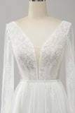 A Line V Neck Long Sleeve Beach Boho Wedding Dress with Lace Appliqued