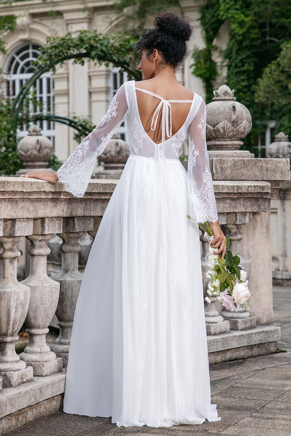 Zapakasa Women White Wedding Dress with Lace Appliqued A Line V Neck Long Sleeves Beach Boho Bridal Dress Zapakasa Women White Wedding Dress with Lace Appliqued A Line V Neck Long Sleeves Beach Boho Bridal Dress