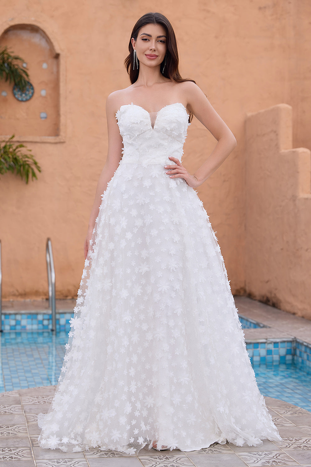 white wedding dresses with lace Luxury Sweetheart Rhinestone Beaded Dresses, Tulle AlineBridal Made from an exclusive and flattering abstract 3D lace with a luminous pearl thread and delicate eyelash trim Azazie Melrose Diamond White Nude