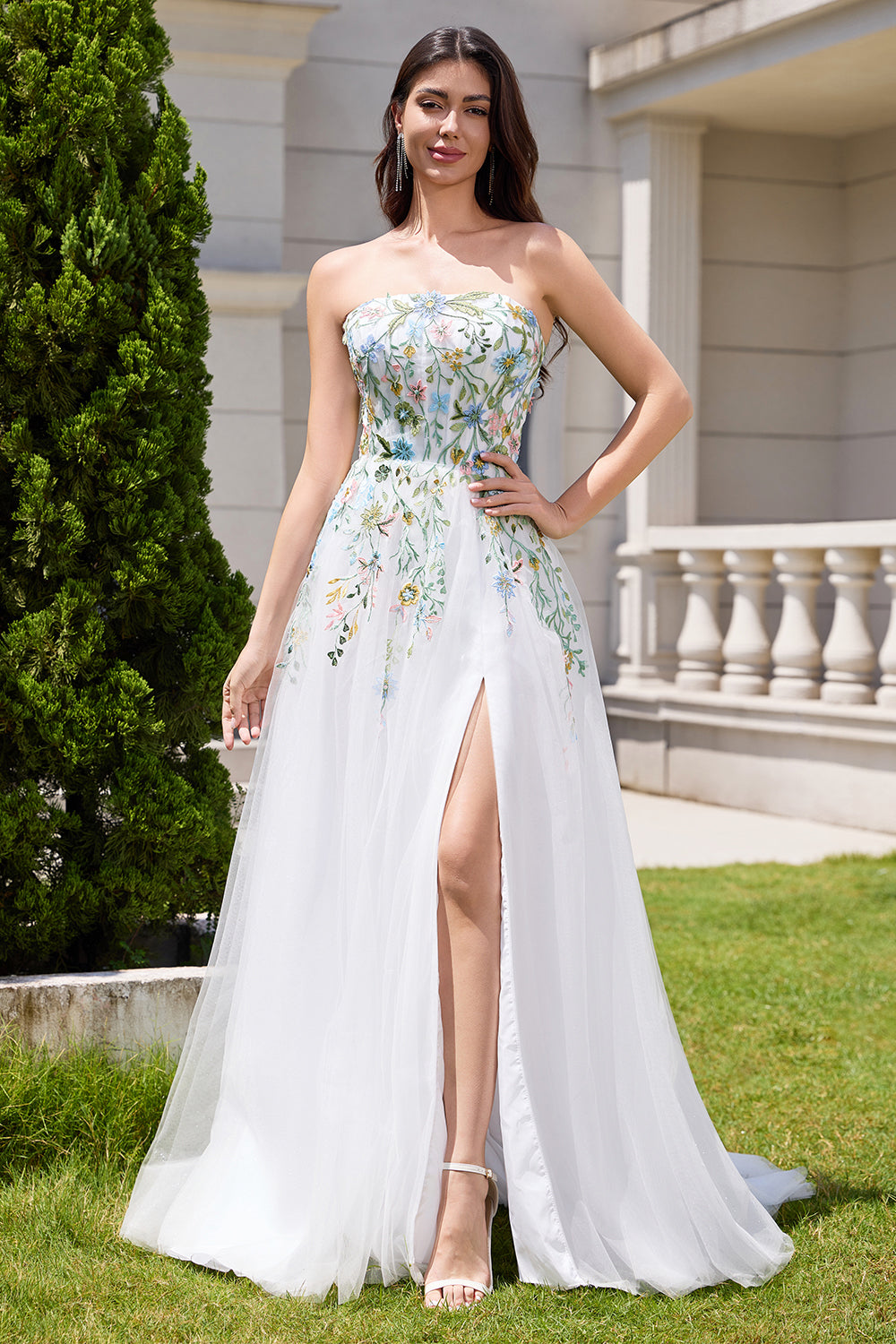 white dress with pastel flowers Zapaka Women White Wedding Dress with Slit Strapless 3D Flowers Tulle A-Line Bridal Dress, White / US8