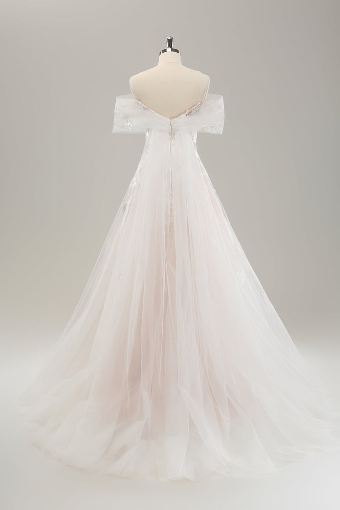 Flattering White A-Line Bridal Gown with a Natural Waistline for a Slim Fit