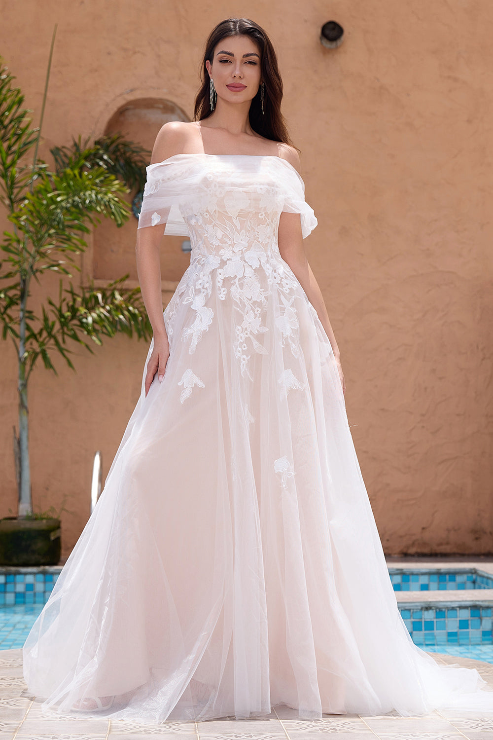 off white bridal dresses Zapakasa Women White A-Line Bridal Dress Off-the-Shoulder Appliques Tulle Long Wedding Dress