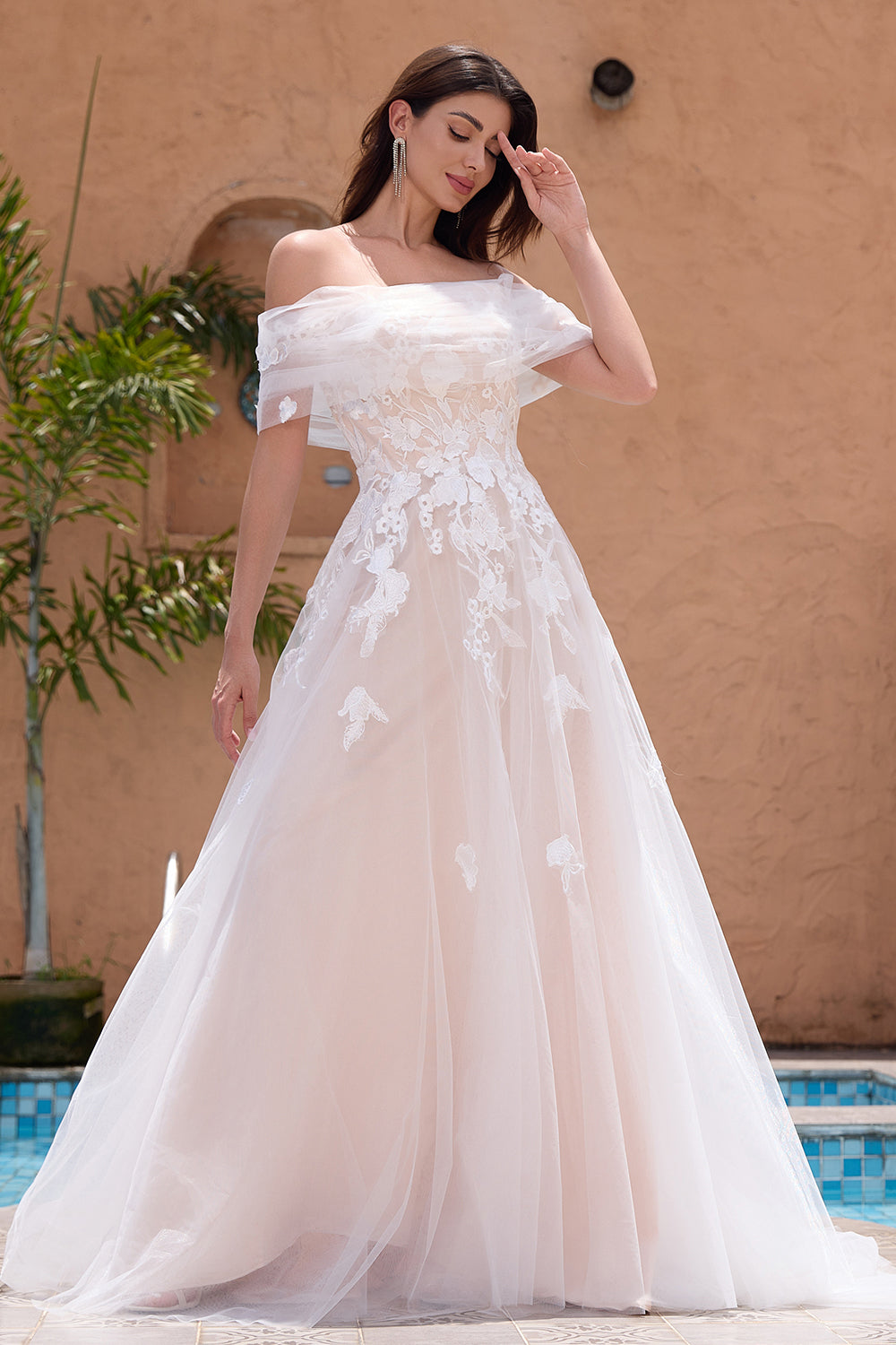Zapaka Women White Wedding Dress A Line Off The Shoulder Tulle Lace Bridal Party Dress with Embroidery, White / US8 Zapaka Women White Wedding Dress A Line Off The Shoulder Tulle Lace Bridal Party Dress with Embroidery, White / US8