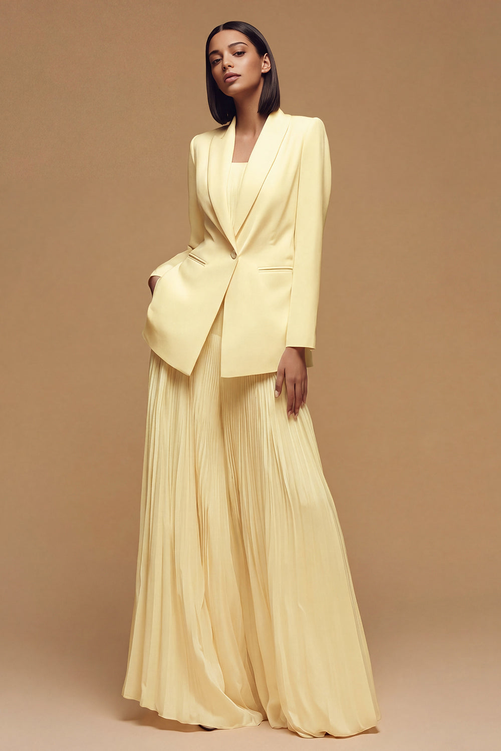 Ivory Peak Lapel One Button Pleated Business Blazer
