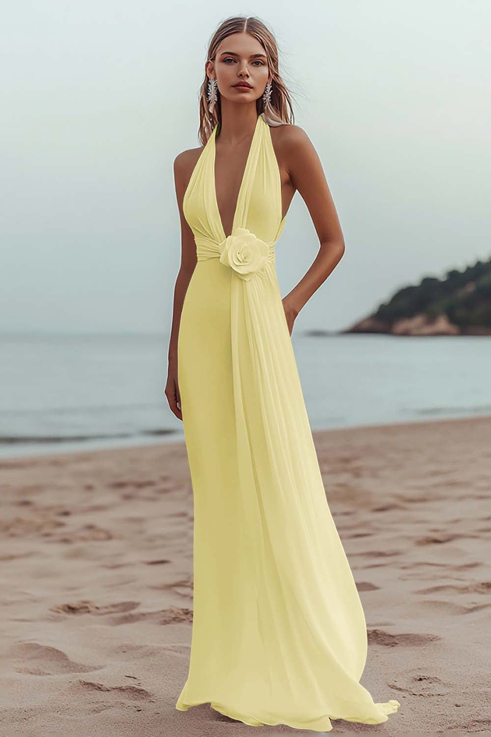 White A Line Deep V-Neck Long Engagement Dress