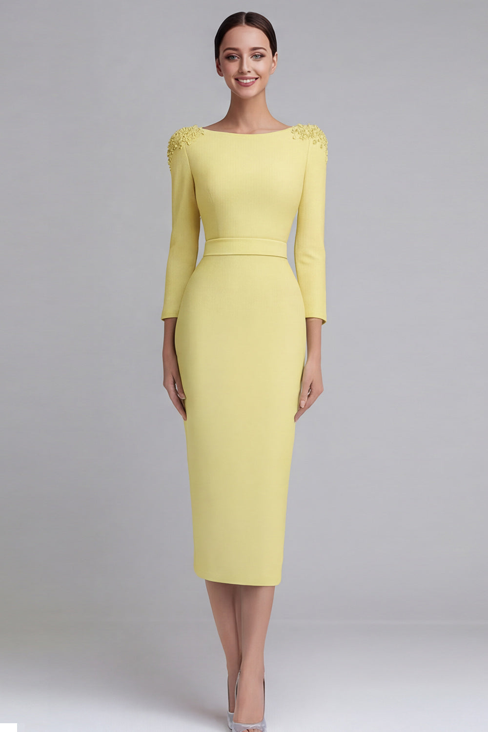 Simple Light Blue Pencil Boat Neck Midi Work Dress with Sleeves