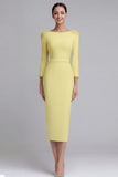 Simple Light Blue Pencil Boat Neck Midi Work Dress with Sleeves