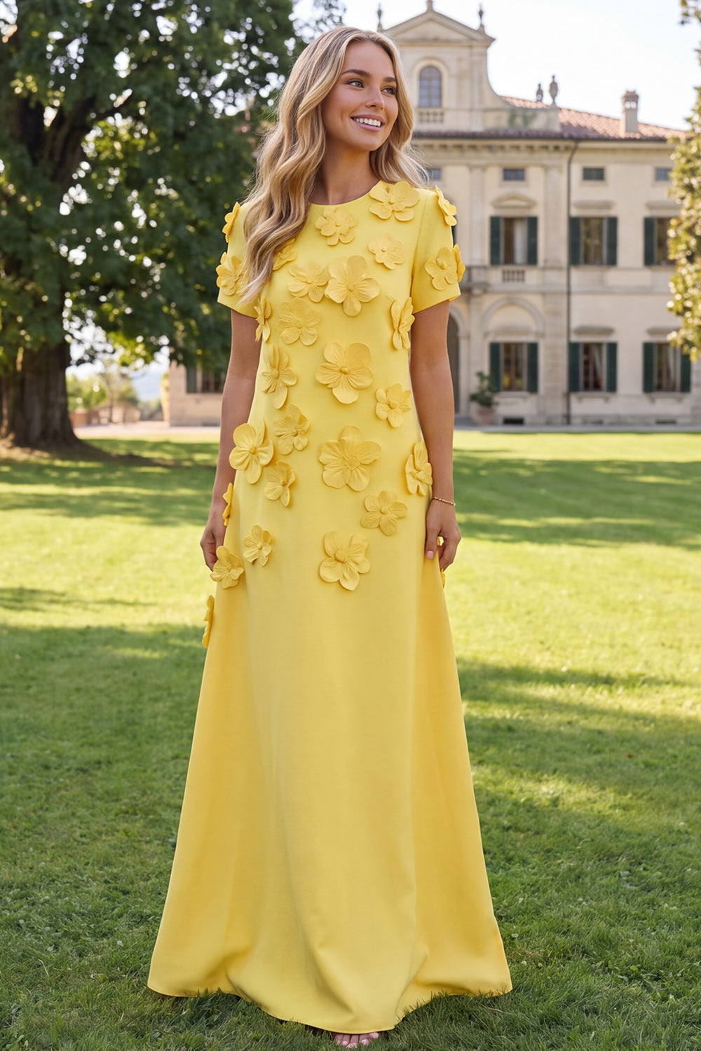 Round Neck Blue A Line Floral Long Wedding Guest Dress with Sleeves