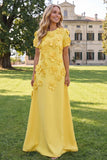 Round Neck Blue A Line Floral Long Wedding Guest Dress with Sleeves