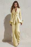 2 Piece Ivory Peak Lapel Ruched Wide Leg Business Suits with Sash