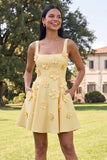 Blue Short Floral Square Neck A Line Homecoming Dress with Pockets