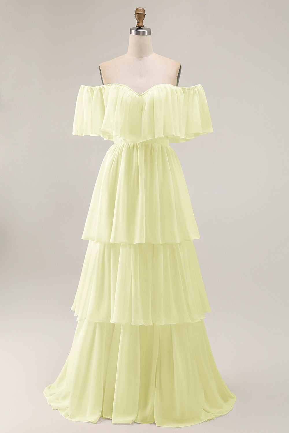 White Chiffon Tiered Off the Shoulder Boho Sweep Train Wedding Dress