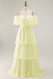 White Chiffon Tiered Off the Shoulder Boho Sweep Train Wedding Dress