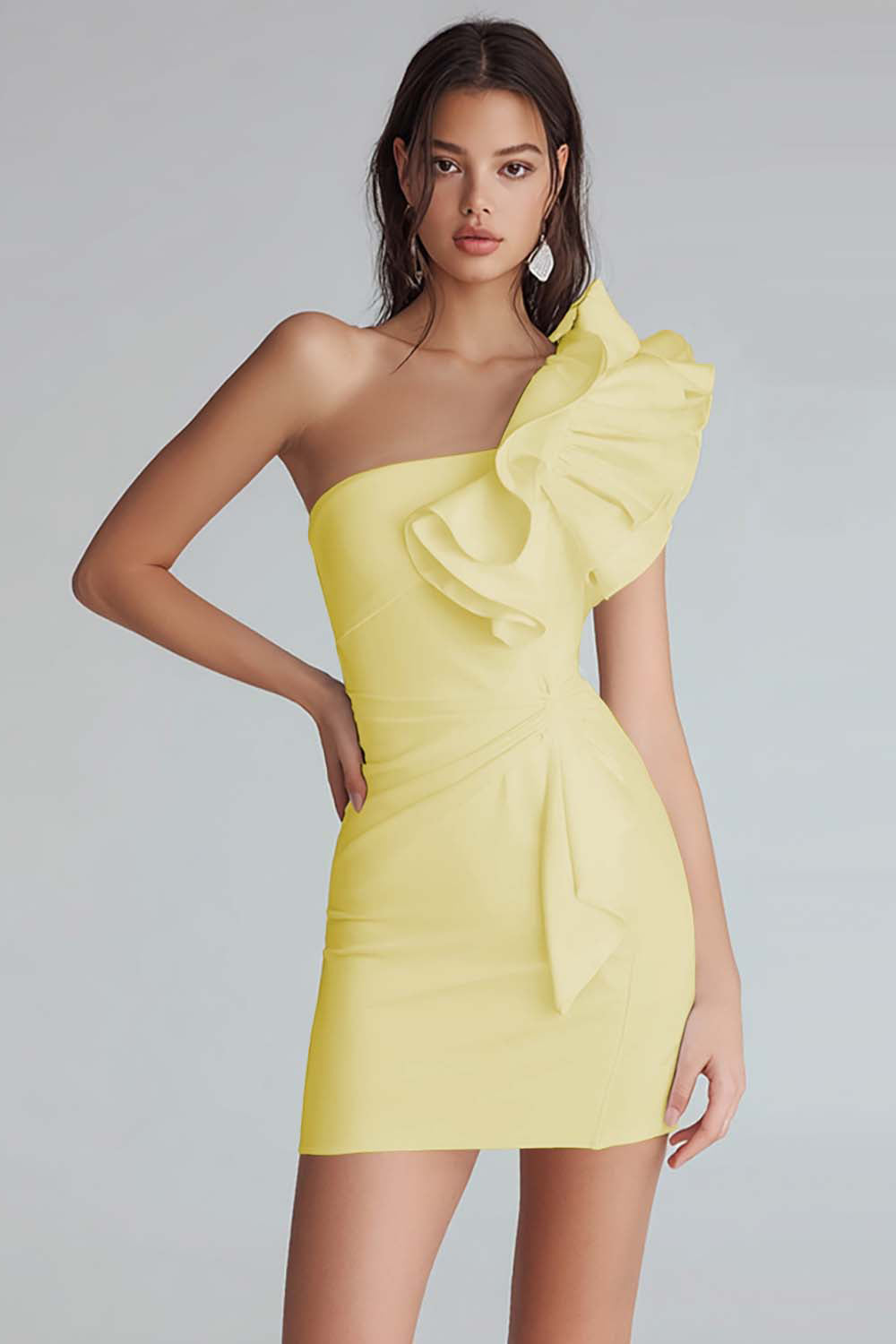 Ivory Satin One Shoulder Short Tight Graduation Dress with Ruffles