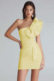 Ivory Satin One Shoulder Short Tight Graduation Dress with Ruffles