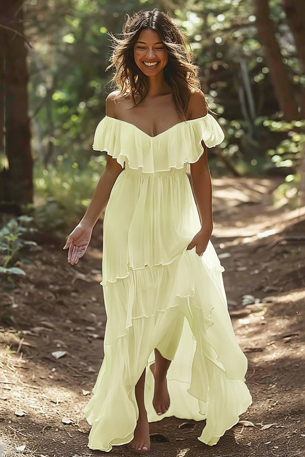 White Chiffon Tiered Off the Shoulder Boho Sweep Train Wedding Dress