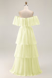 White Chiffon Tiered Off the Shoulder Boho Sweep Train Wedding Dress