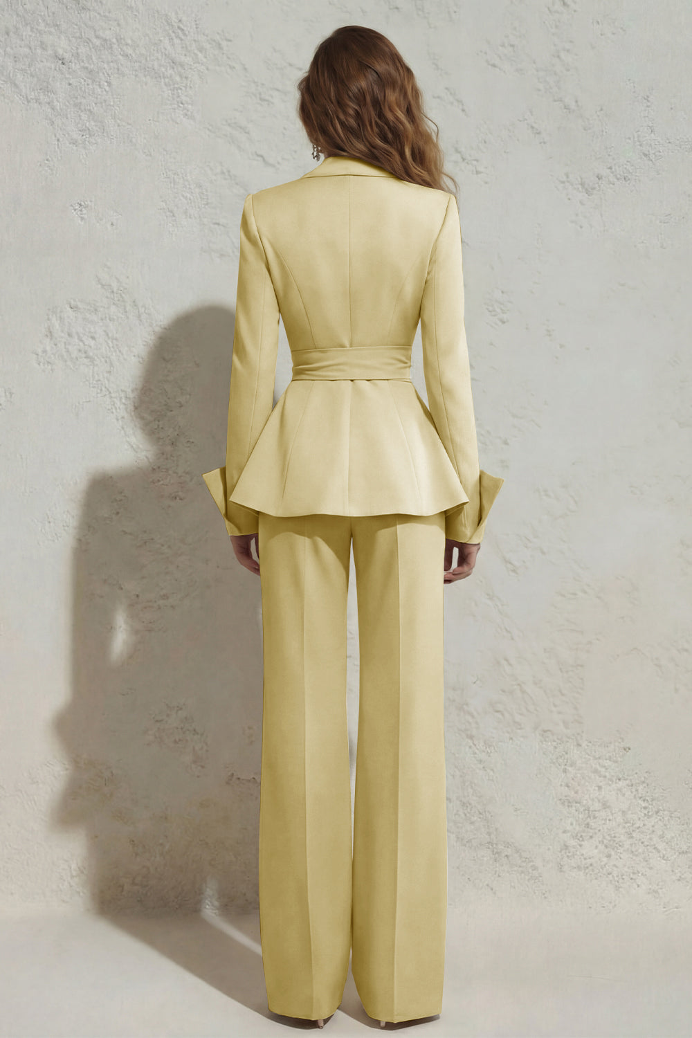 2 Piece Ivory Peak Lapel Ruched Wide Leg Business Suits with Sash