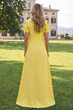 Round Neck Blue A Line Floral Long Wedding Guest Dress with Sleeves