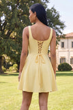 Blue Short Floral Square Neck A Line Homecoming Dress with Pockets