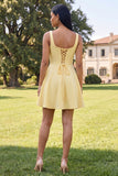 Blue Short Floral Square Neck A Line Homecoming Dress with Pockets