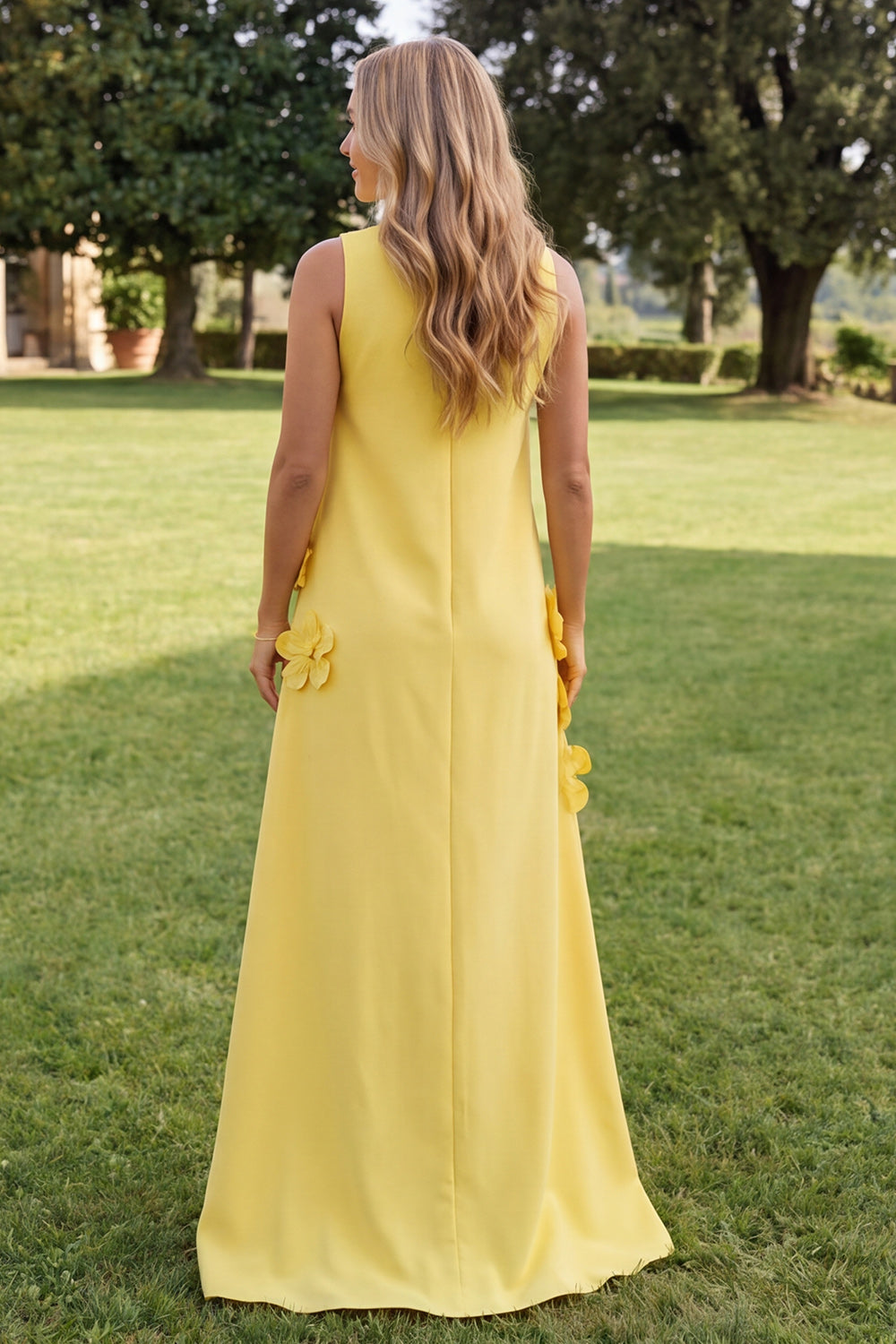 Blue A Line High Neck Floral Long Wedding Guest Dress