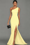 Black Mermaid Satin One Shoulder Long Formal Dress with Slit