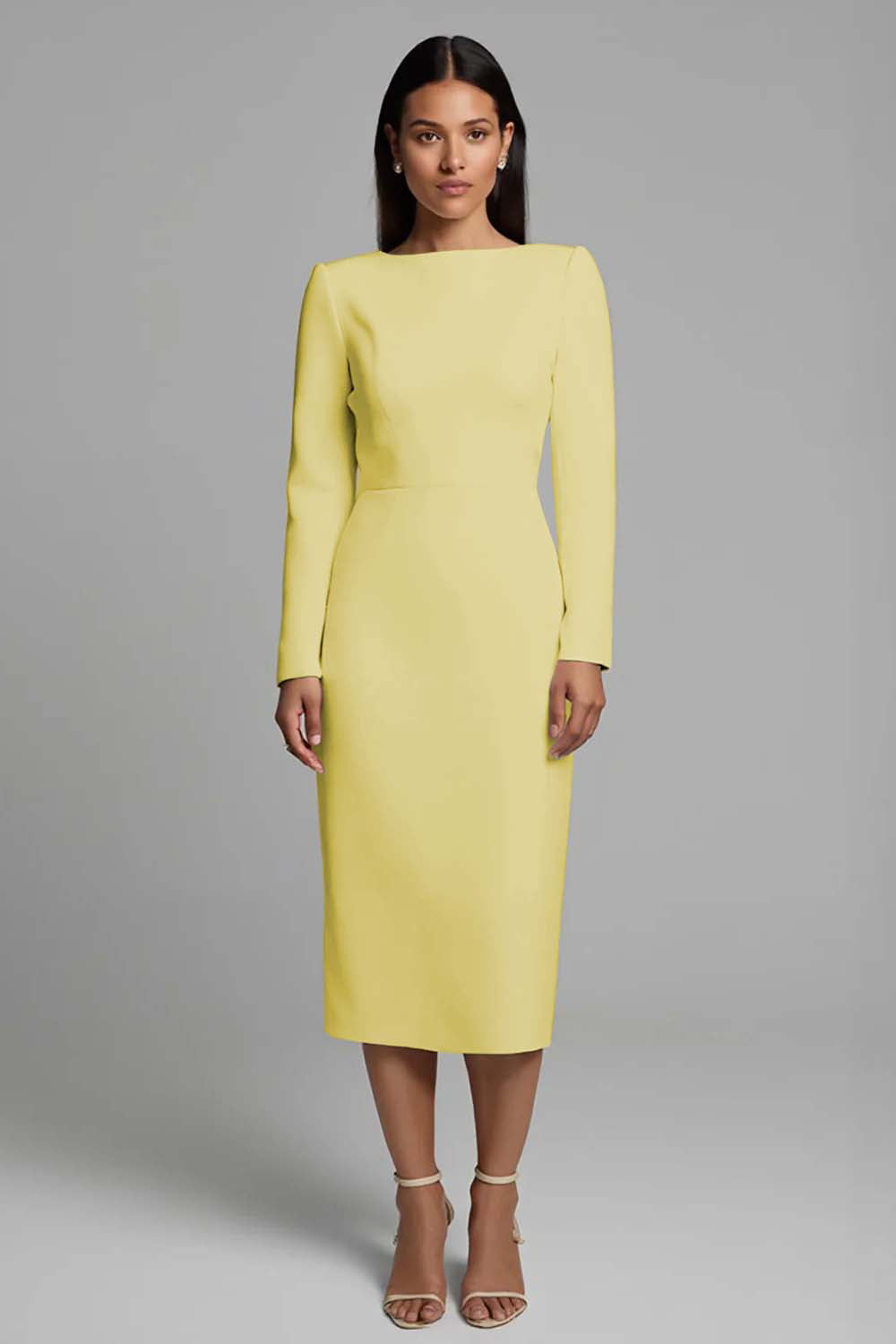 Simple Ivory Pencil Bateau Neck Midi Work Dress with Sleeves