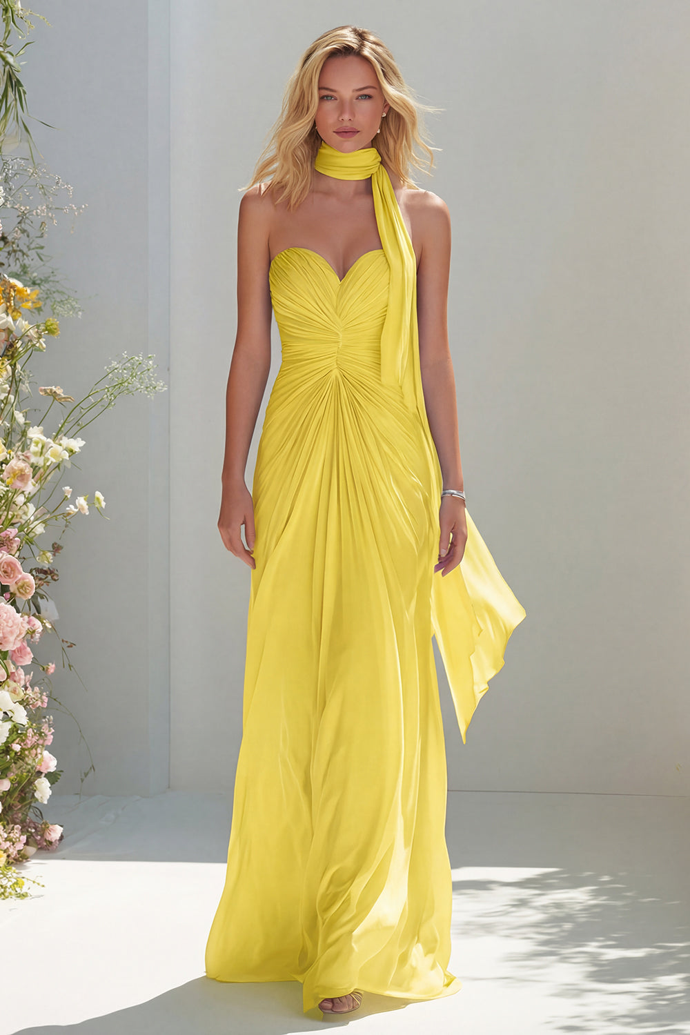 Sky Blue A Line Sweetheart Ruched Neck Scarf Long Prom Dress