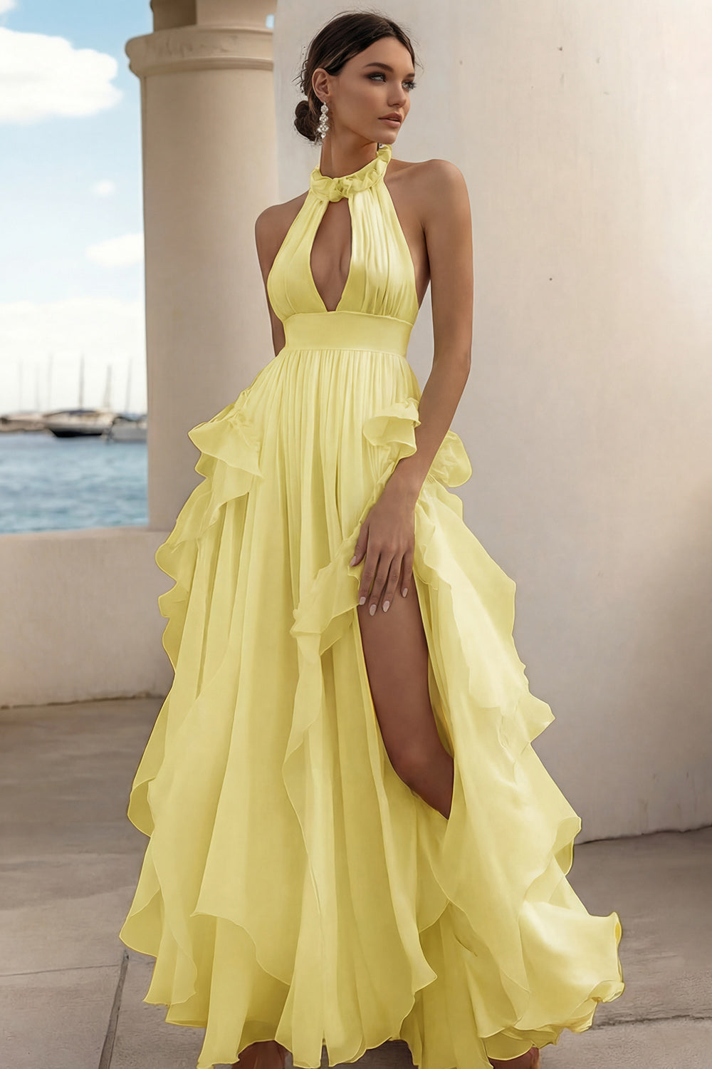 ZAPAKASA Women White A Line Long Rehearsal Dinner Dress with Slit Halter Ruffled Cut Out Sleeveless Engagement Dress ZAPAKASA Women White A Line Long Rehearsal Dinner Dress with Slit Halter Ruffled Cut Out Sleeveless Engagement Dress