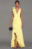 Black V-Neck Long Formal Dress with Ruffles
