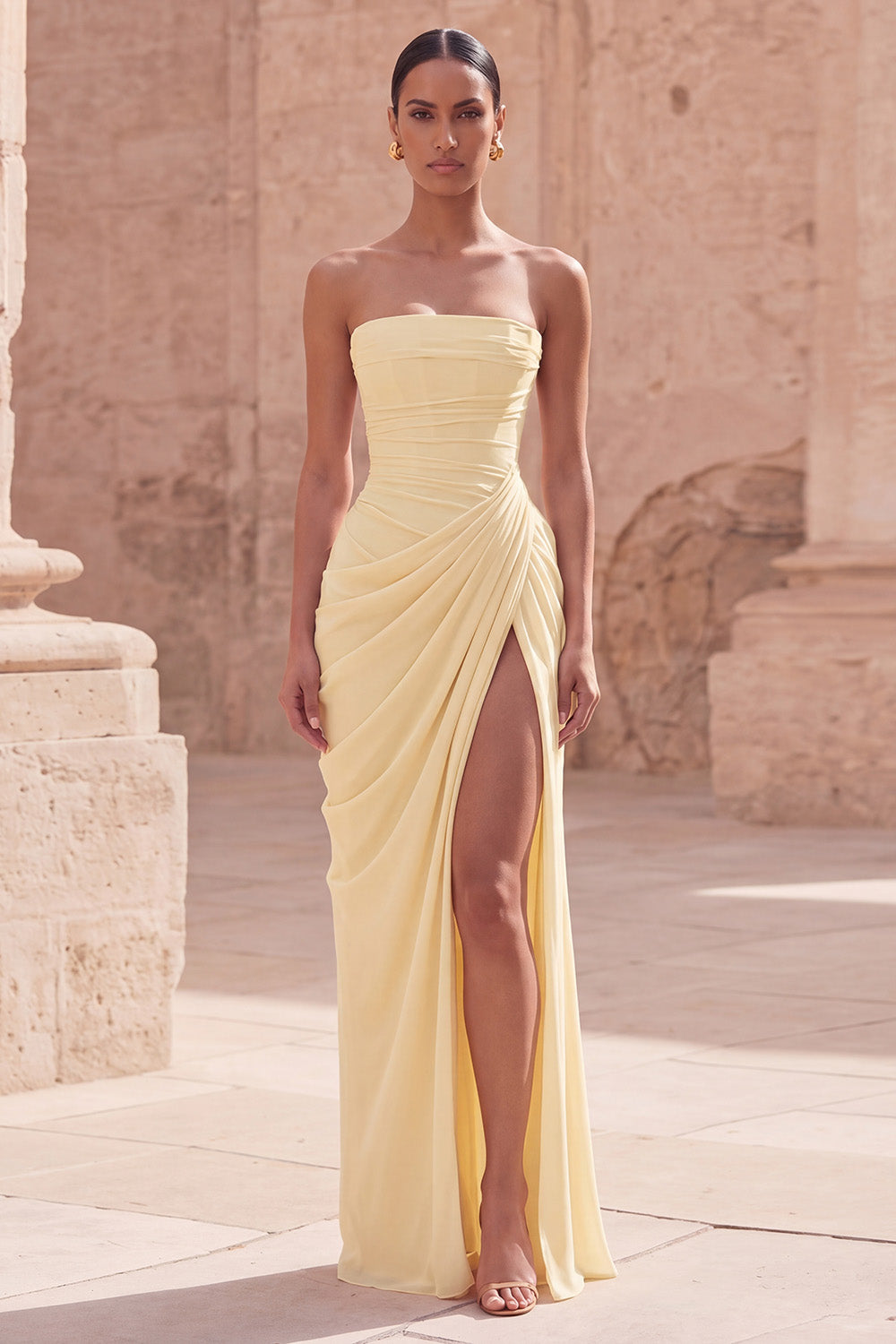 Light Pink Sheath Ruched Long Prom Dress with Slit