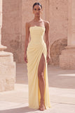 Light Pink Sheath Ruched Long Prom Dress with Slit