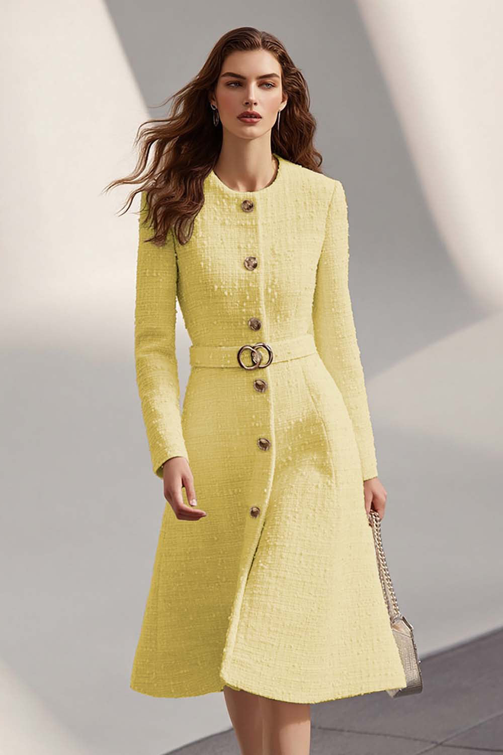 Ivory Long Sleeves Round Neck Tweed Midi Work Dress with Belt