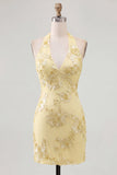 Light Blue Halter Floral Tight Short Backless Homecoming Dress