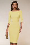 Navy Pencil Boat Neck Midi Work Dress with Sleeves