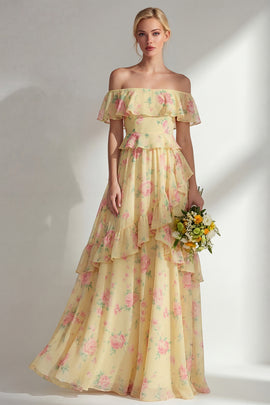 Butter Yellow Flower A Line Off the Shoulder Long Beach Bridesmaid Dress with Ruffles