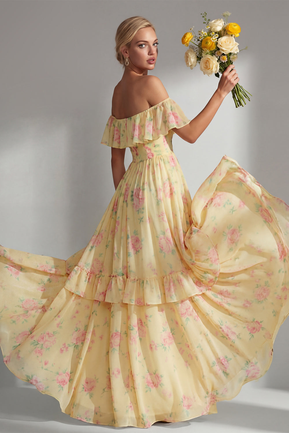 Butter Yellow Flower A Line Off the Shoulder Long Beach Bridesmaid Dress with Ruffles