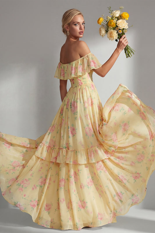 Butter Yellow Flower A Line Off the Shoulder Long Beach Bridesmaid Dress with Ruffles